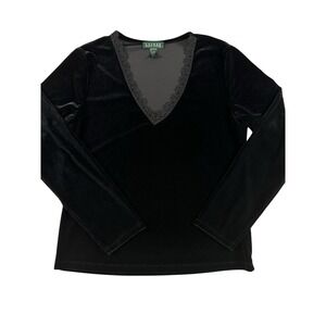 Lauren Ralph Lauren Black Lace Trim‎ V-Neck Collar Velour Blouse Women Medium